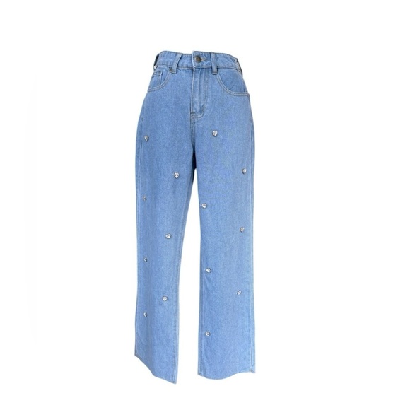 Between Us Denim - Between Us women’s hearts rhinestones wide led denim jeans raw hem size 0 used